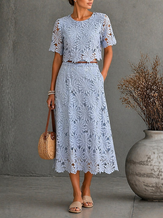Women's Skirt Sets Short Sleeve Crew Neck Round Neck Floral
