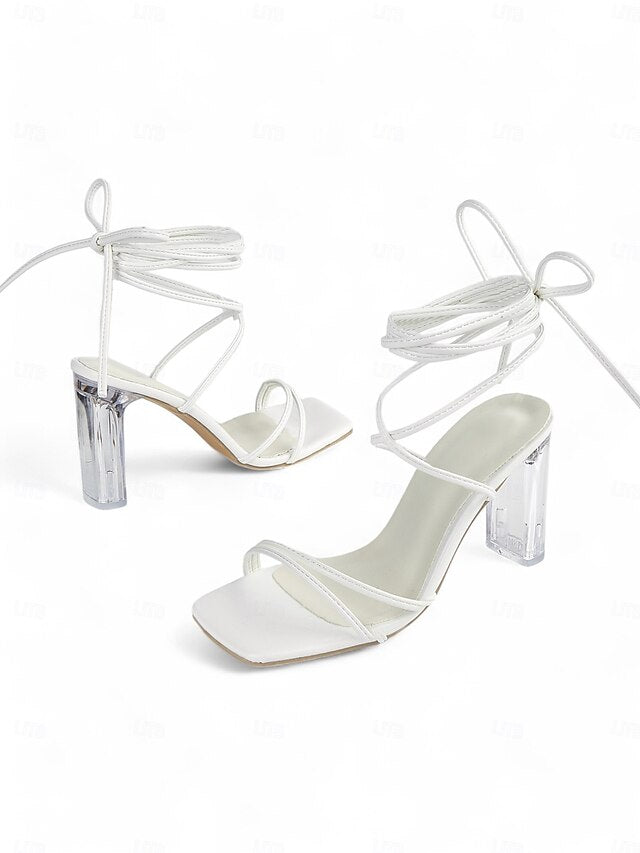 Lace-Up with Heel Block Women's Strappy Clear White Heels