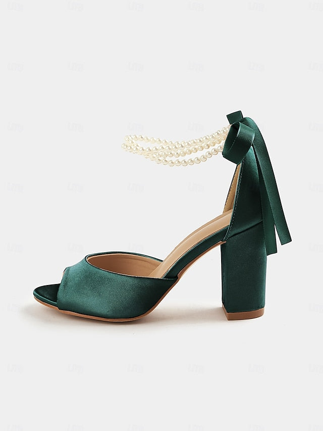 Block Heel Pearl Women's Sandals Ankle Satin Peep-Toe with