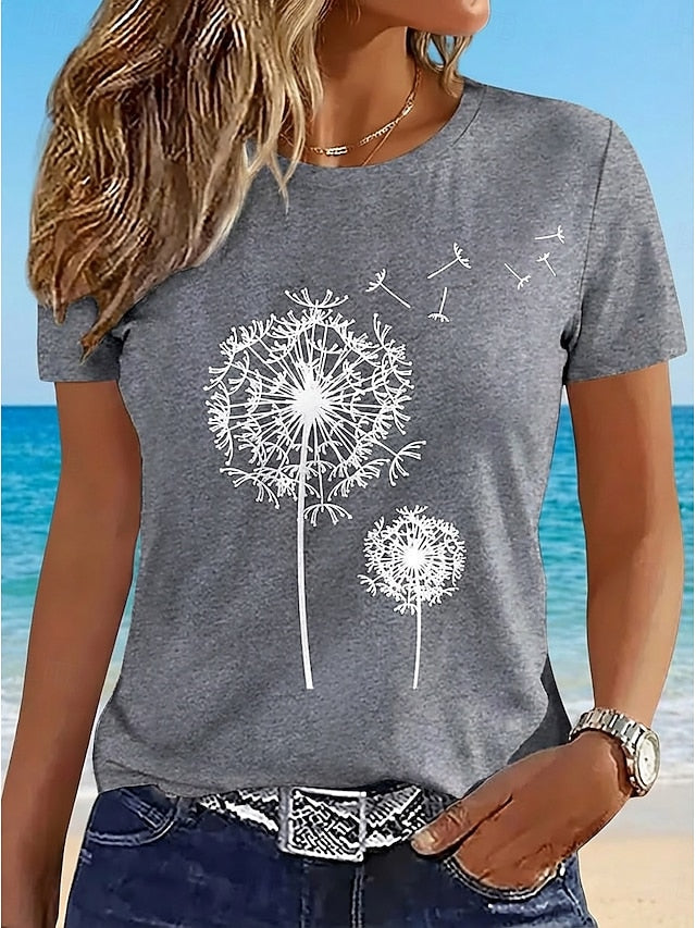 Women's Casual T-Shirt Dandelion Print Crew Neck White