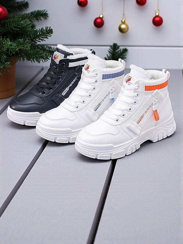 Women's White Warm High-Top Sneakers with Faux Fur Lining -