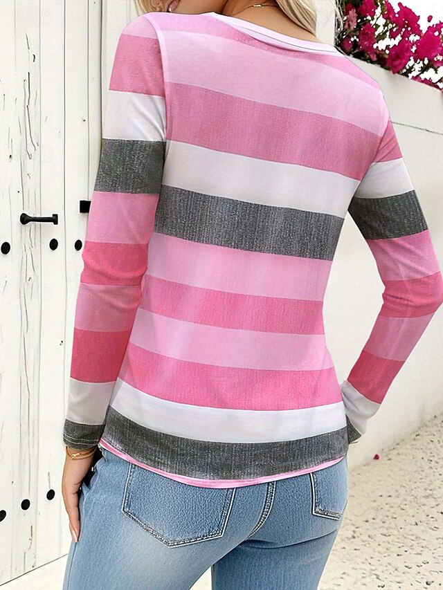 Women's T Shirt Buttons Print Tiered Graphic Striped
