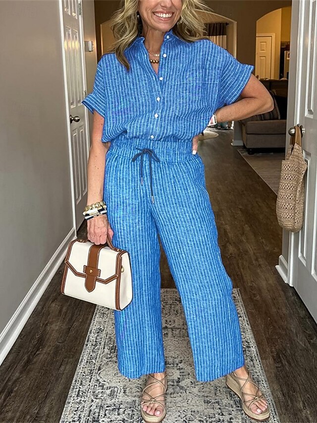 Women's Pants Sets Short Sleeve Shirt Collar Striped
