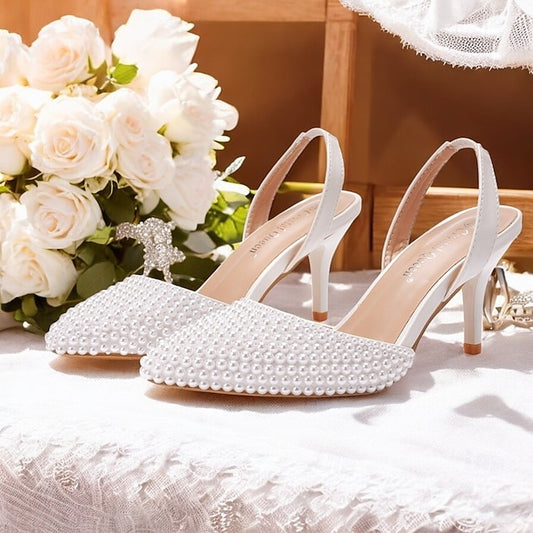 – Pearl Embellishments Heels Women's White Slingback with