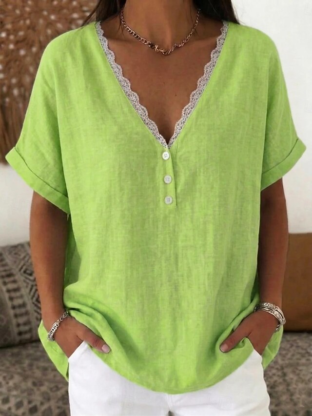 Women's Blouse Faux Linen Shirt Lace Patchwork Buttons