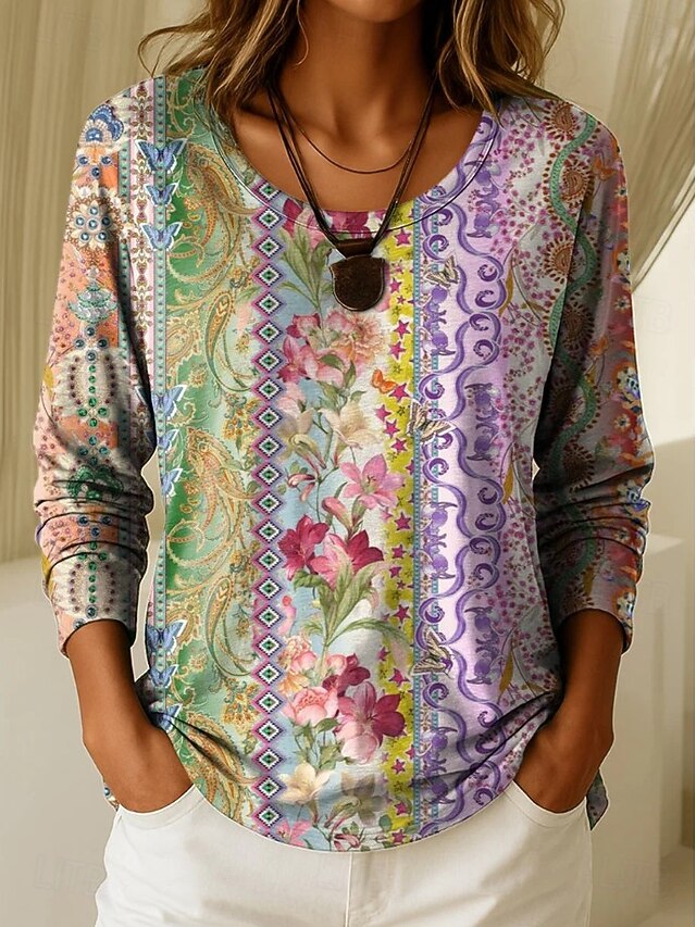 Women's T Shirt Print Graphic Geometric Plants Vintage