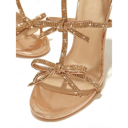 Sparkly Sandals Knot – Strappy Bow Women's Stiletto Gold
