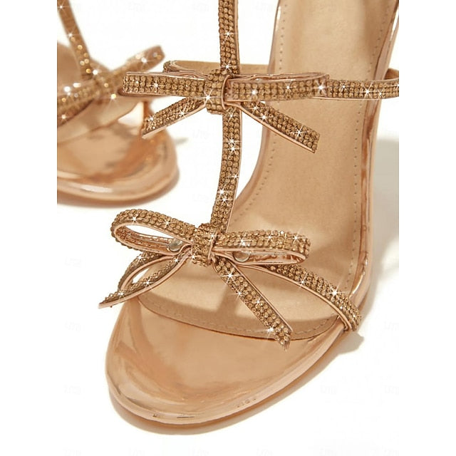 Sandals Stiletto Gold Bow – Sparkly Strappy Knot Women's