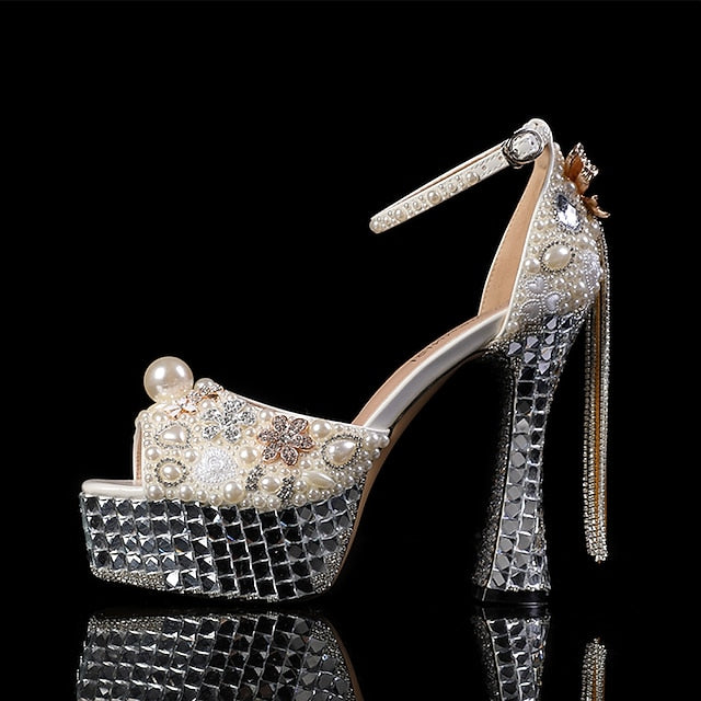 Rhinestone Embellished Platform White and Pearl Women's