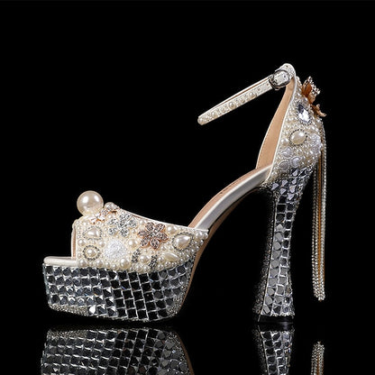 Rhinestone Embellished Platform White and Pearl Women's