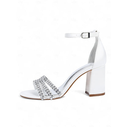 Block with Purple Rhinestone Sandals Satin Women's Heel