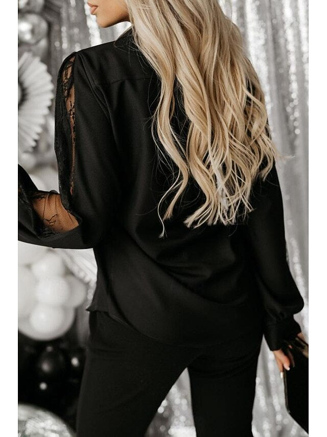 Shirt Lace Shirt Blouse Mesh Patchwork Top Women's Black