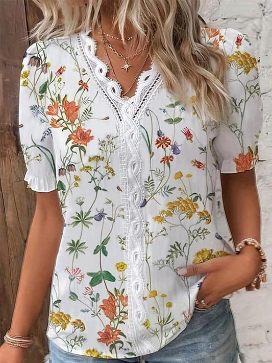 Women's Blouse V Neck White Elegant Lace Tops Eyelet Blouse