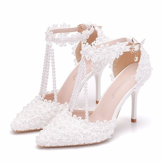 Heel Shoes Women's Wedding High Bridal Lace Pointed
