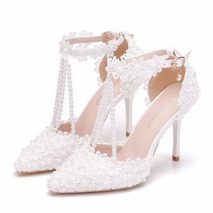 Heel Shoes Women's Wedding High Bridal Lace Pointed