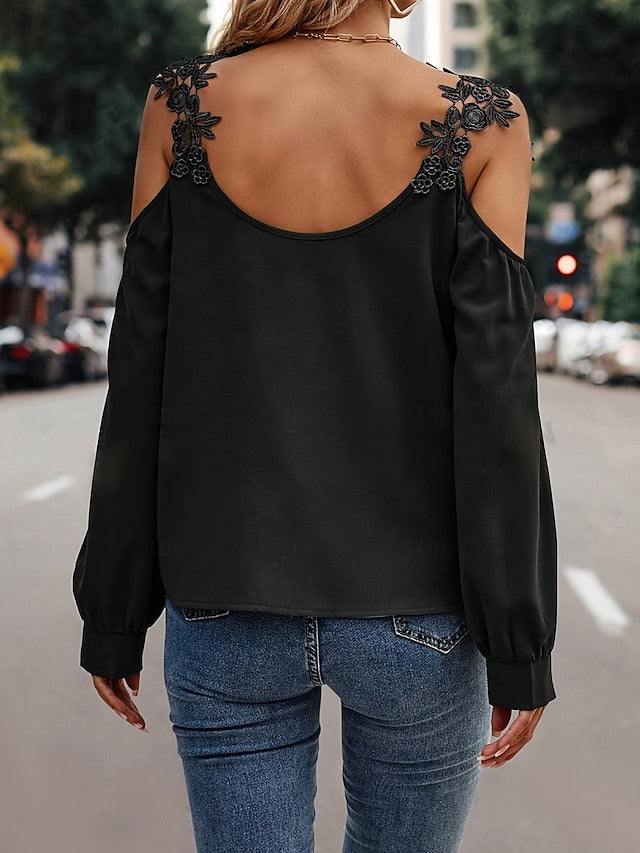 Women's Cold Shoulder Tops Patchwork Embroidered Floral