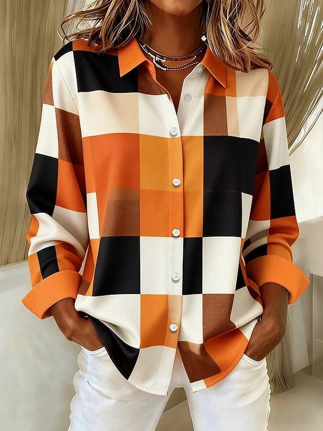 Women's Shirt Patchwork Buttons Print Graphic Plaid Color