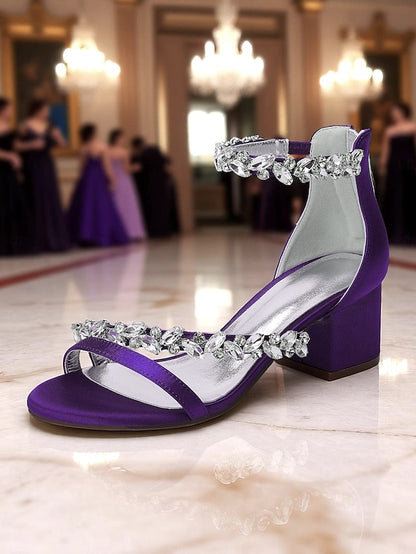 Satin Heel Block Sandals - Purple Women's Crystal