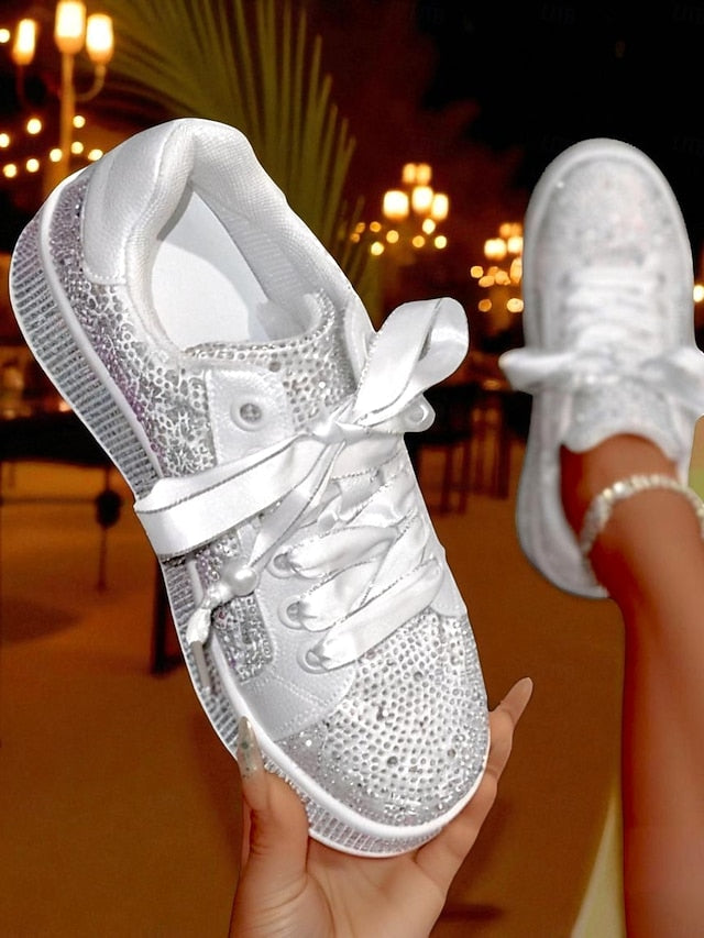 Lace-Up Women's Rhinestone Glamorous Sparkly Sneakers -
