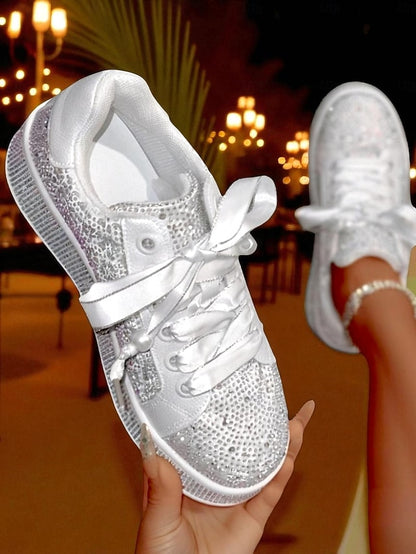 Lace-Up Women's Rhinestone Glamorous Sparkly Sneakers -