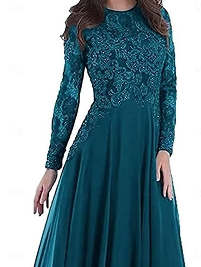 Neck Dress Crew A-Line of Floor Mother Party the Elegant Bride