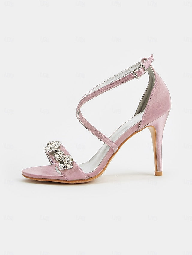 with Women's Stiletto Rhinestone Straps Heels Purple Satin