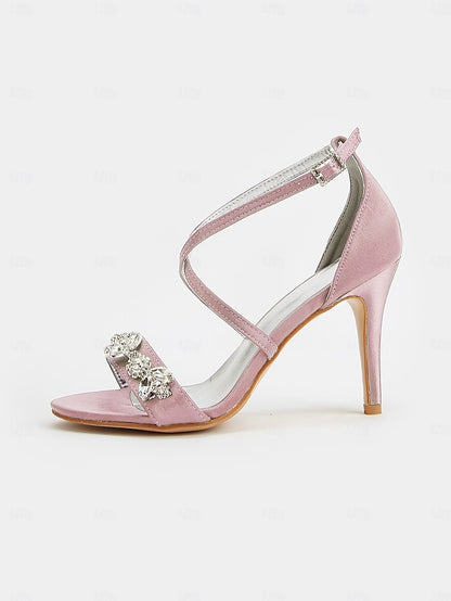 with Women's Stiletto Rhinestone Straps Heels Purple Satin