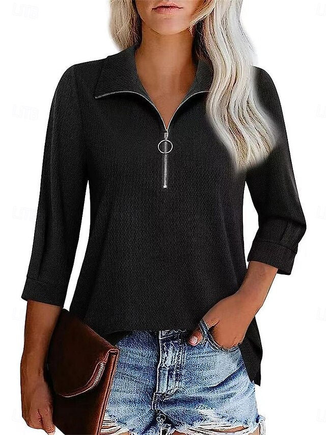 Women's Polo Shirts Patchwork Zipper Solid Color Basic