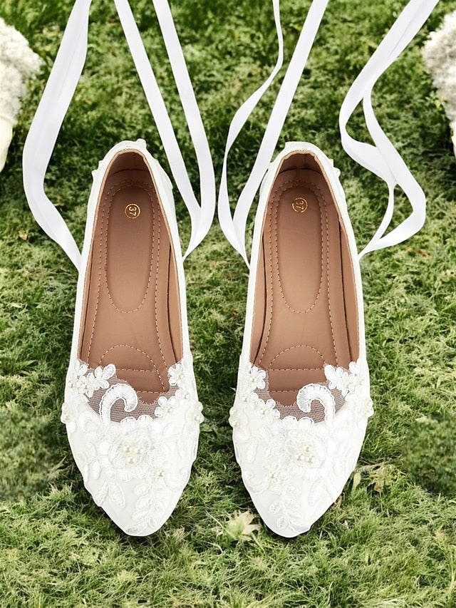 Wedding Ribbon Lace White Shoes - Ties Elegant Bridal Flats with