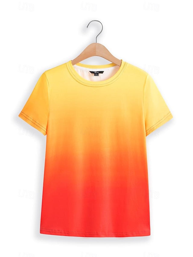 Women's T shirt Casual Ombre Round Neck Yellow Red Gradient