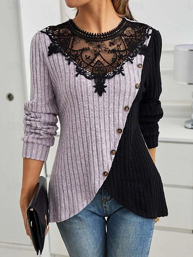 Women's Blouse Lace Patchwork Solid Color Elegant Stylish