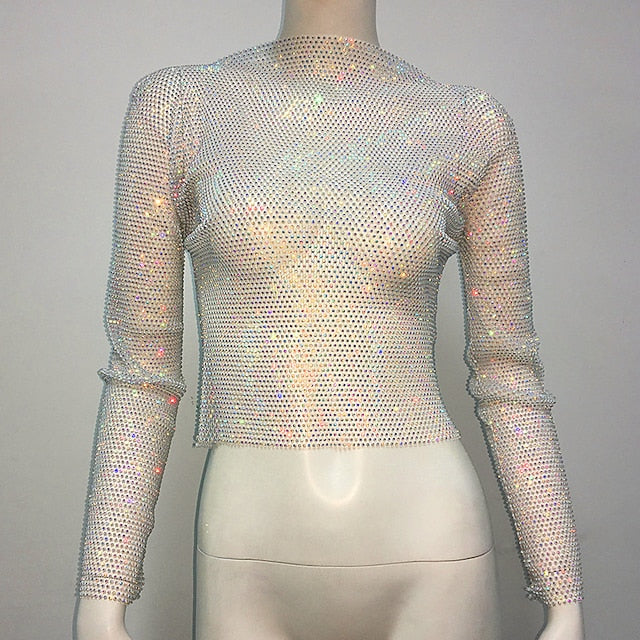 Metallic Sparkle Sexy Shirt Sheer Mesh Rhinestone Cover Up Disco