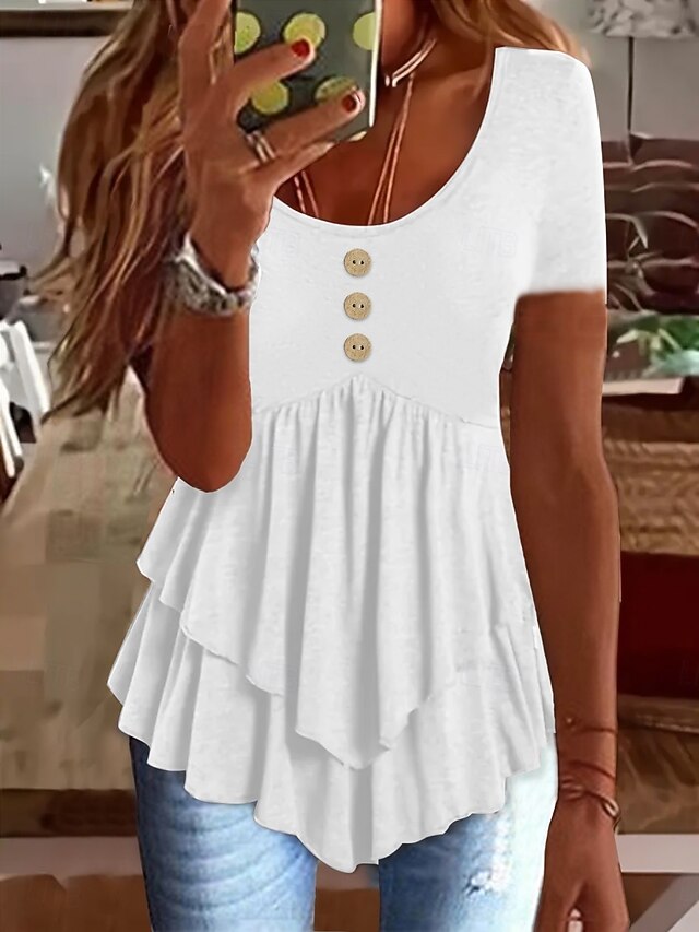 Women's Blouse Ruffle Buttons Solid Color Stylish Casual
