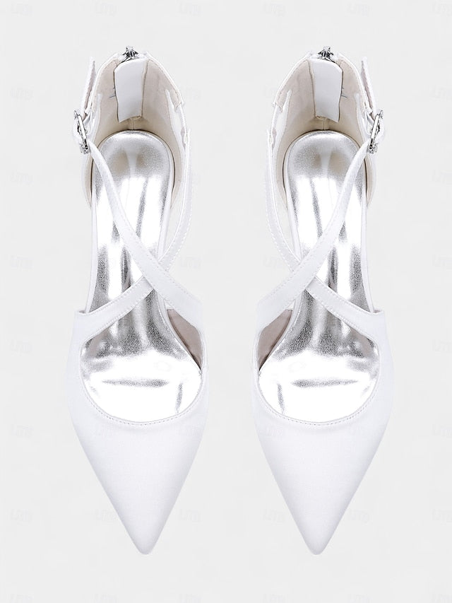 Women's Heels Ivory Elegant Pointed Satin Block Toe -