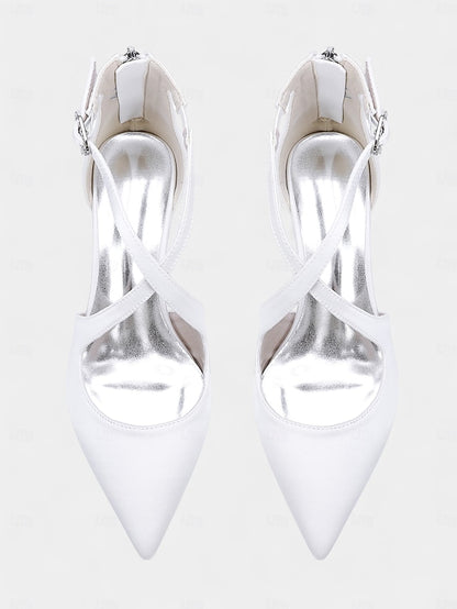 Women's Heels Ivory Elegant Pointed Satin Block Toe -