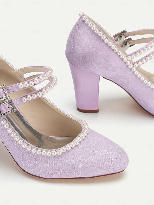 Heels Mary Jane Purple Pearl Lace - Women's Embellished