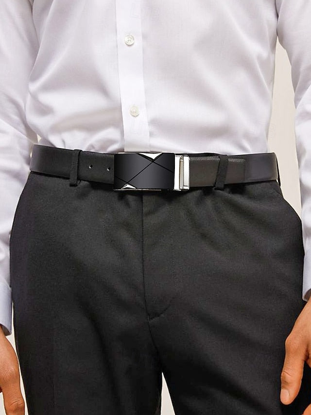 Elegant Belt Adjustable with Metal Men's Black Leather