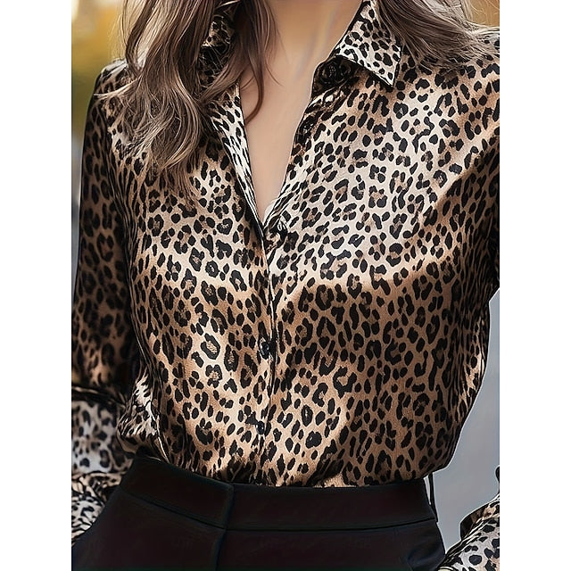 Women's Blouse Buttons Print Leopard Stylish Casual Long