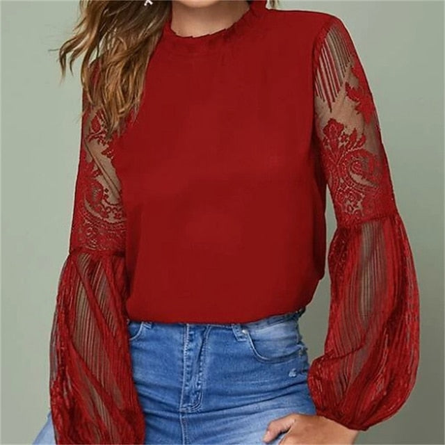 Women's Boho Shirt Lace Shirt Blouse Mesh Patchwork Top
