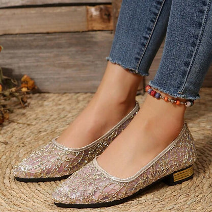 Women's Silver Flats Ballet – Elegant Mesh Sequin