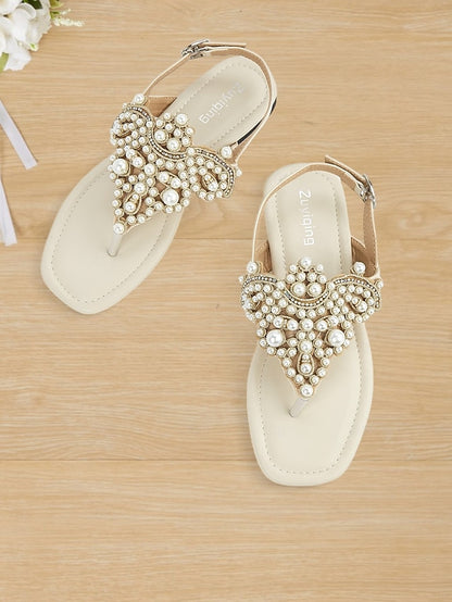 Flat T-Strap Elegant Pearl-Embellished Women's – Sandals