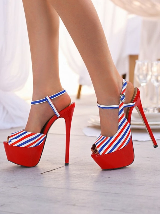 Platform Red White Striped and Blue Stiletto Heels Women's