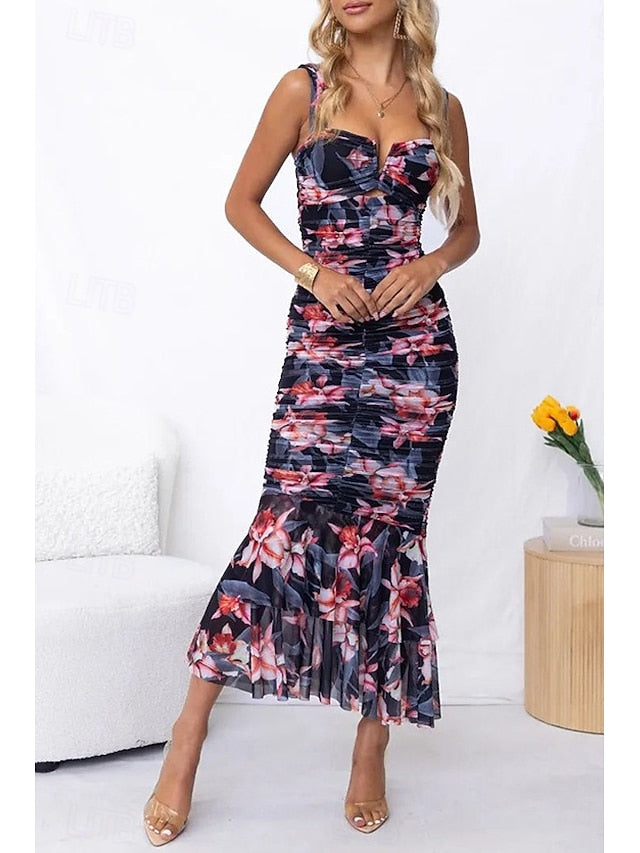 Women's Midi Dress Slip Dress Print Dress Ruched Dress