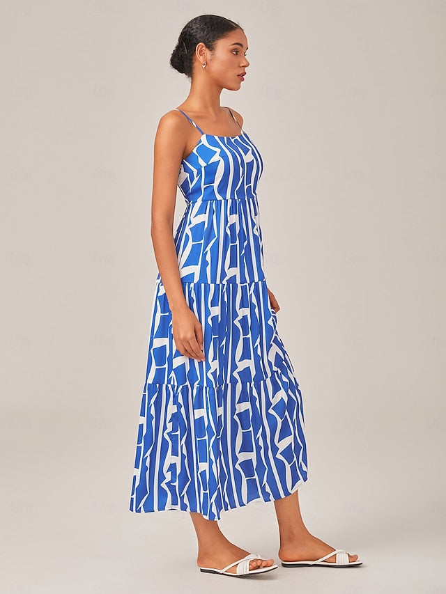 Blue Geometric Pattern Spaghetti Strap Dress
