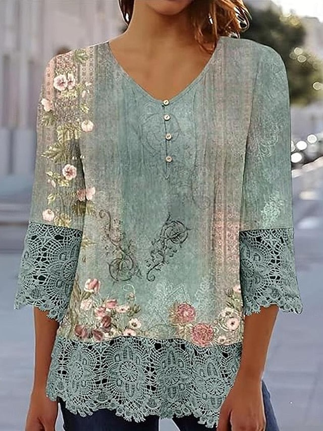 Women's Elegant Lace Tops Eyelet Blouse Casual Ombre Floral