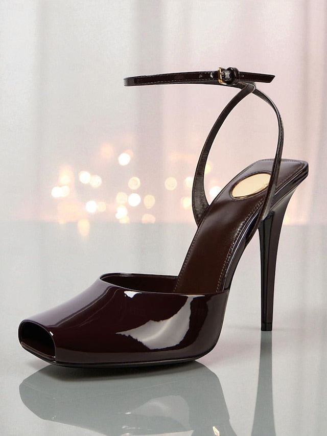 Dark Heels Toe Peep Leather Patent Women's Green High -