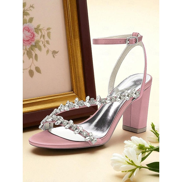 Rhinestone Women's Straps Block Heel - White Sandals with