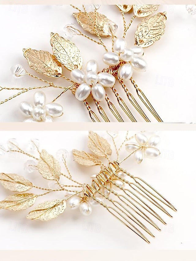 Set Pearls Hair with and Silver Leaf Faux Bridal Gold Accessory