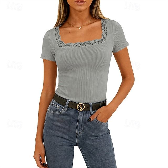 Women's T Shirt Summer Tops Lace Patchwork Plain Elegant