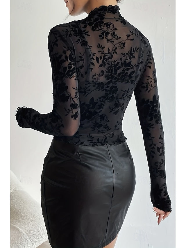 Women's Blouse Mesh Plain Stylish Long Sleeve High Neck